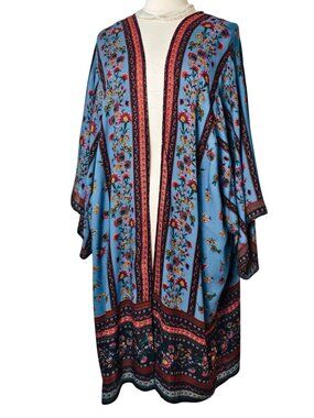 Womens Kimono Cardigan M Blue Floral Boho Open Front Oversized Cottagecore Artsy